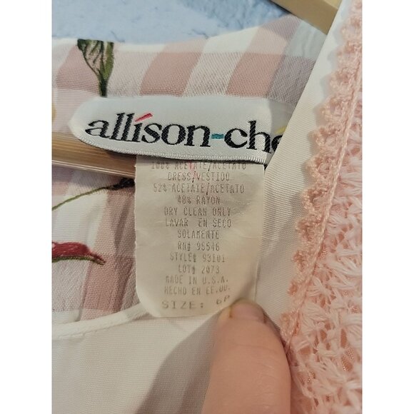 90s Vtg Allison Che Women's Size 6P Midi Dress Pink Floral Crochet Boho Check - Picture 5 of 6